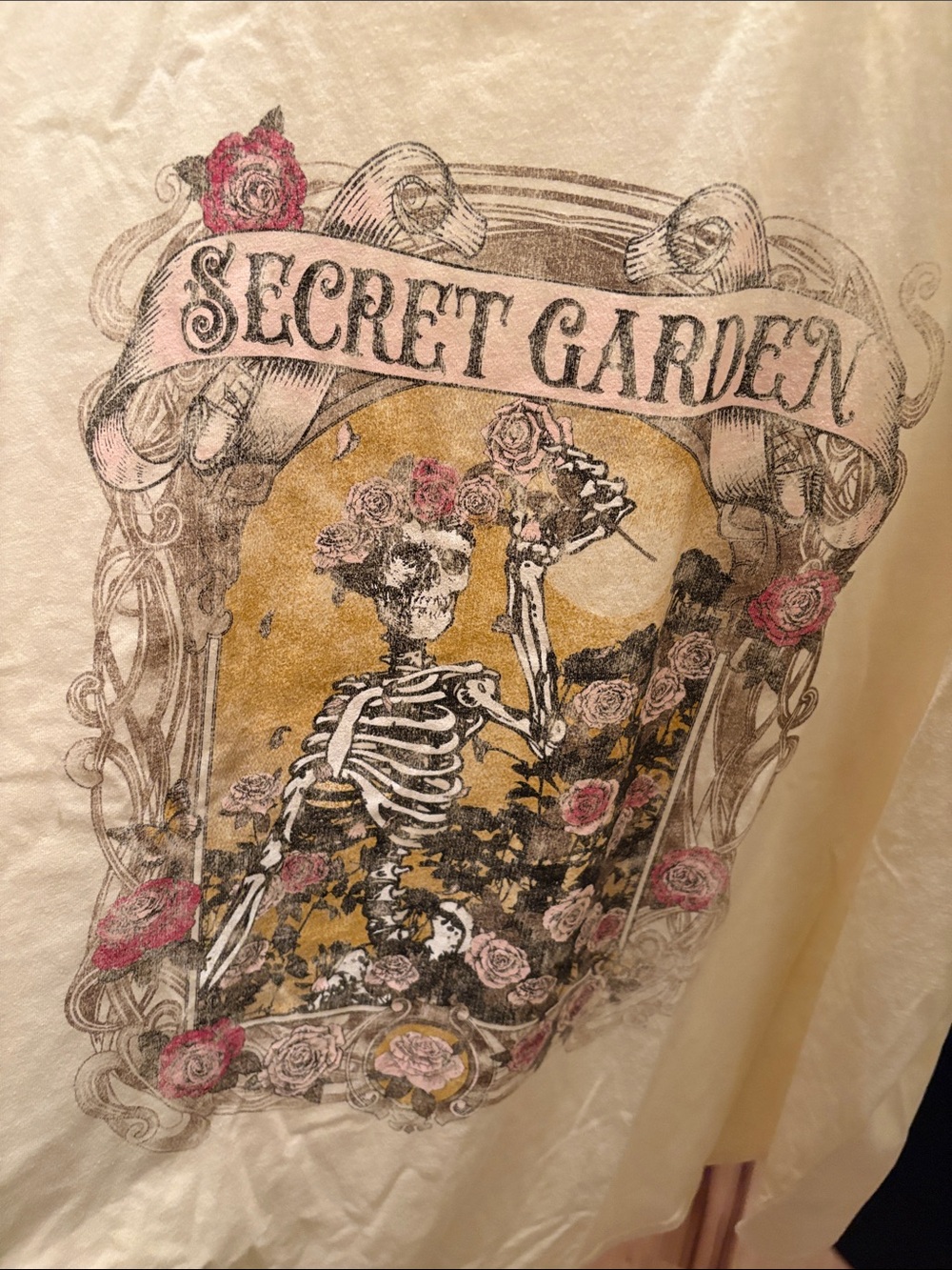 Maurices Cream Short Sleeve Tee with Floral Skeleton Graphic and Pink Accents - Picture 3 of 4